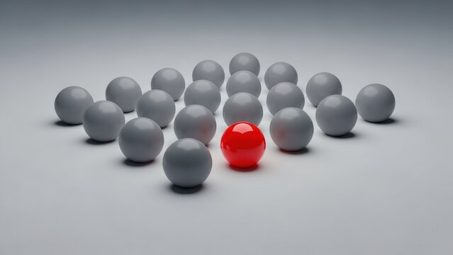 A group of grey balls with one red ball in center, standing out from the crowd. This symbolizes leadership, uniqueness, or standing out