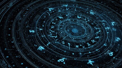 Celestial star chart featuring glowing retrograde arrows, intricate zodiac symbols, and cosmic patterns, illustrating the concept of retrograde Mercury in a mesmerizing visual display