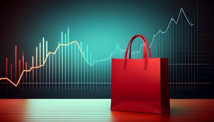 a red shopping bag is on a table with a graph of a rising line behind it