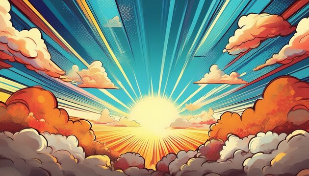 comic book background with clouds and a sunburst - Powered by Adobe