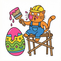 A playful orange cat painting an Easter egg on a wooden ladder, on a white background.