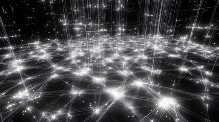 Futuristic holographic grid with white lines on black background. Digital 2000s cyber aesthetic, glowing connections. Banners, backgrounds, tech visuals, modern 90s, 2000s creative design.