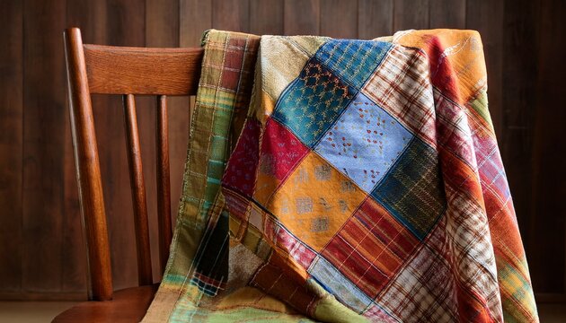 patchwork quilt draped over a wooden chair