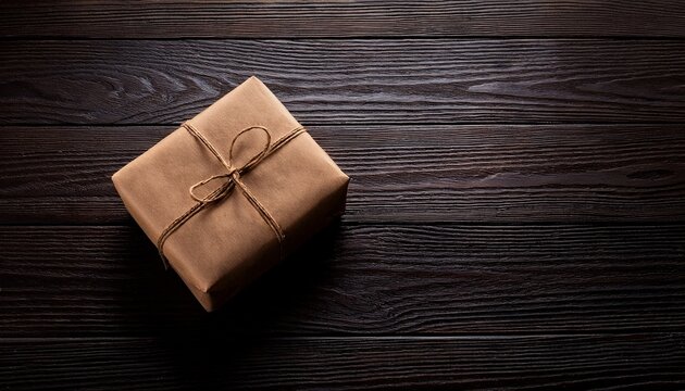 brown paper wrapped present on a black wooden table