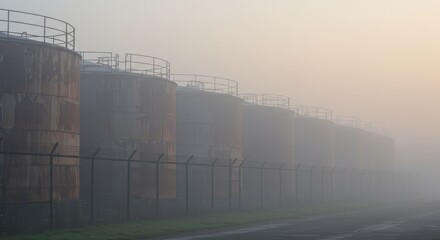 Industrial tanks in a foggy landscape