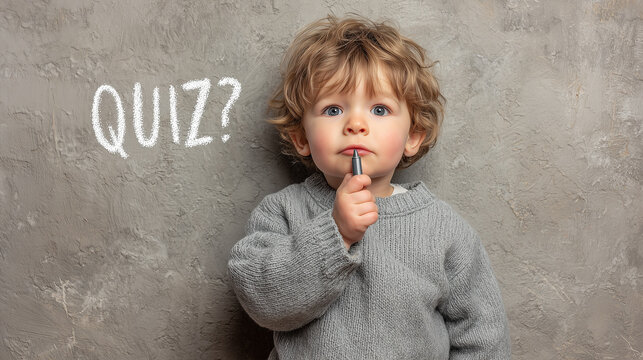 A curious young boy in a cozy gray sweater holds a pen thoughtfully, with QUIZ? written beside him, evoking a sense of inquiry and playful learning.