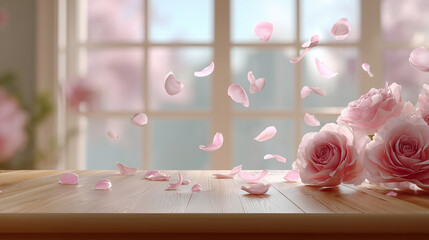 Delicate pink rose petals drift gracefully over a wooden table, with soft blooms and a serene window backdrop, creating a tranquil, romantic ambiance.