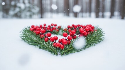 Heart shaped christmas wreath made of pine branches and bright red winter berries lying in the snow of a winter forest