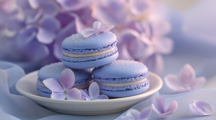 Delicate lavender macarons adorned with tiny flowers, resting on a soft plate surrounded by pastel petals, capturing a dreamy and elegant aesthetic.