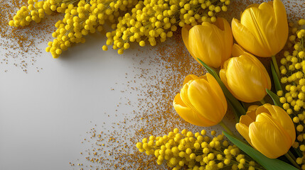 A cheerful arrangement of vibrant yellow tulips and fluffy mimosa blossoms, creating a bright and harmonious floral composition.