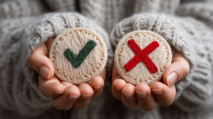 A person holds two knitted badges: a green check mark in one hand and a red cross in the other, symbolizing choices or decisions.