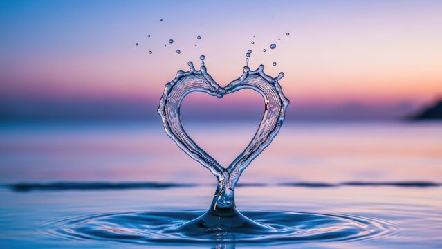 Heart shape made of splashing water at sunset over the ocean, symbol of love and romance