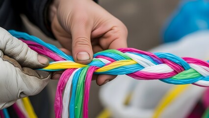 Hands Twisting Colorful Recycled Plastic Strips into Rope for Sustainable Craft and Upcycling Project