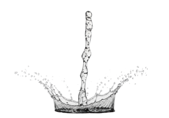 A dynamic composition of crystal-clear water splashes and countless individual droplets, a robust translucent stream rising vertically, perfectly frozen mid-action against a transparent studio