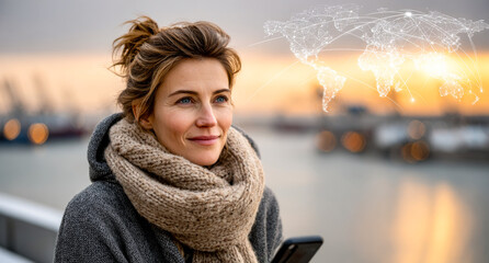 Woman looks at phone by harbor at sunset. A woman with a phone watches the sunset over the harbor, shipping containers in the background.