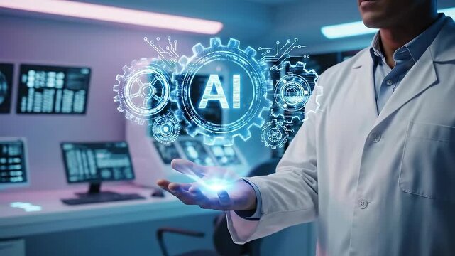Scientist Demonstrates Futuristic AI Technology in Advanced Laboratory.