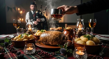 Traditional Scottish Burns Night supper, a grand festive banquet. Steaming haggis, neeps, tatties on a rich tartan table. A musician performs bagpipe music. A hand lifts an amber drink.