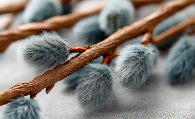 Fluffy branches with buds. The scene shows branches with gray fuzzy buds resting on a light surface. The setting focuses on nature details.