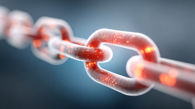 Digital chain link in a network setting. A close view of a glowing chain link showing data flows in a digital network environment. The focus is on technology. - Powered by Adobe