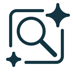 AI search and research tool outline icon. Minimal line design representing artificial intelligence, data analysis, research, discovery, digital technology, and smart tools
