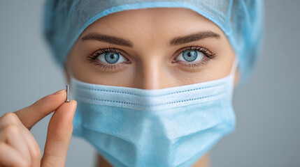 Dental surgeon with mask presenting implant screw in clinical setting