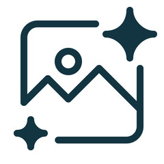 Image generative AI icon with sparkles, representing artificial intelligence, creativity, and automated image creation. Modern outline symbol for AI-powered design, digital art, and innovation.