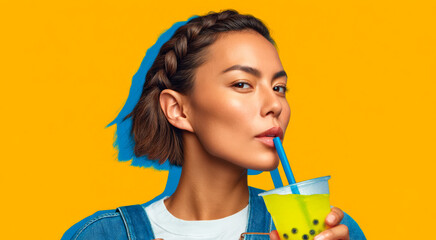 Woman sips bubble tea bright. A woman enjoys bubble tea with a straw in front of a bright color background. She poses while sipping her drink.