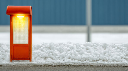 Red phone booth stands in snowy street. A red phone booth is located along a street covered with snow. The booth's light is on, showing it is still in use.