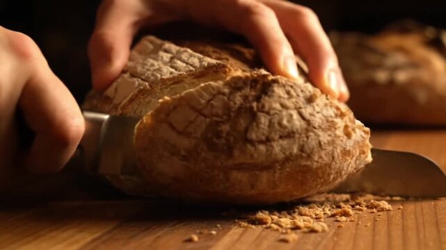 Close-up shot of hands using a knife to slice a rustic loaf of freshly baked bread on a wooden cutting board, creating crumbs.