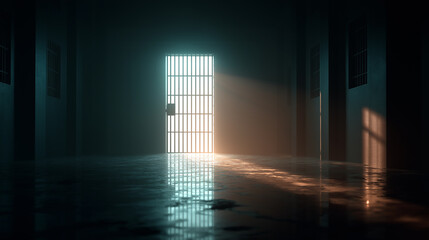 A dimly lit prison corridor with a spotlight on an open cell door, symbolizing hope and freedom amidst shadowy surroundings.