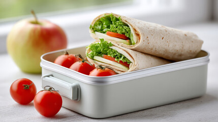 Healthy lunchbox with veggie wrap, cherry tomatoes, and apple for fresh meal inspiration