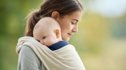 Loving parent holding baby in ergonomic carrier outdoors