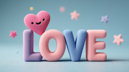 A cheerful display of colorful, textured letters spelling LOVE, accompanied by a smiling heart and cute star accents against a soft blue background.