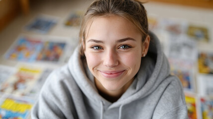 Teenager relaxing in hoodie surrounded by comic books on floor