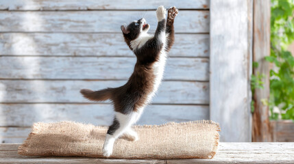 Fluffy black and white cat leaping dramatically on a sunny wooden porch