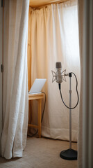 Home recording studio setup in closet with microphone and laptop for creative projects