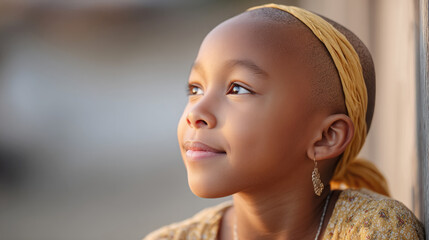 Serene side portrait of child with bald head and golden headband in natural light