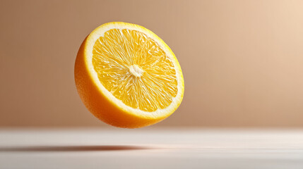 Floating citrus slice suspended in air against neutral background for design use