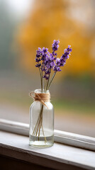 Lavender bouquet in glass bottle on windowsill with autumn background