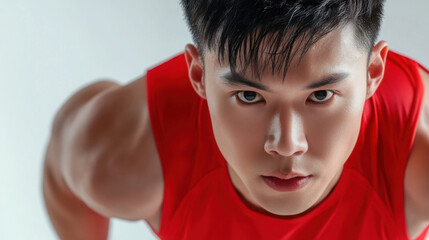 Focused fitness enthusiast in red sportswear embracing active lifestyle