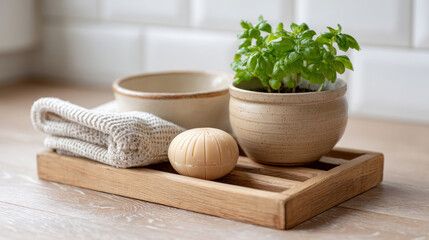 Natural dishwashing corner: eco-friendly sink area with wooden accessories and potted plant