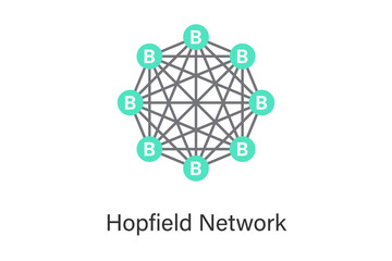 Hopfield neural network concept illustration with fully connected recurrent neurons, used for associative memory, pattern recognition, optimization, and AI energy-based modeling.