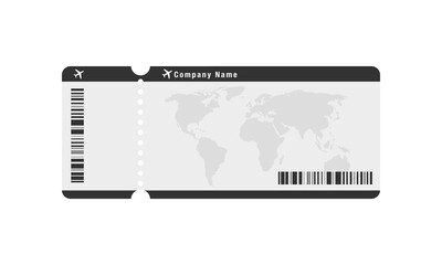 Minimalist grayscale vector illustration of an airplane boarding pass ticket with world map outline and barcodes on white.