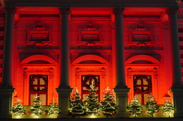 Balcony of Coltea Hospital historical building decorated for Christmas, in center of Bucharest, Romania 