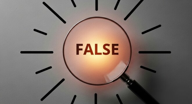 Magnifying glass reveals the word false on a textured surface.