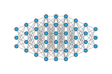 Deep learning neural network with clean nodes and connections on a white background, symbolizing artificial intelligence, machine learning, data processing and modern technology.