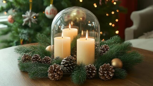 A table with a glass dome on it with three candles inside. The candles are lit and surrounded by pine cones