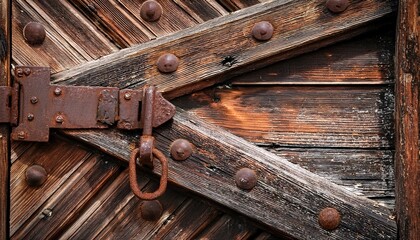 an old wooden door with rusted metal hinges captured in a close up perspective that emphasizes the weathered appearance of the wood