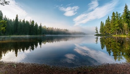 Obraz premium a tranquil forest scene with a calm lake reflecting the trees and the sky above the view is from the edge of the water looking out over the still surface to where it meets the misty horizon