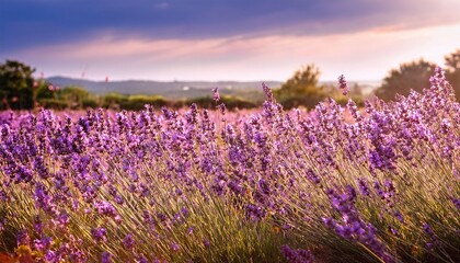 sunlit field of purple lavender with tall grasses summer grass farm